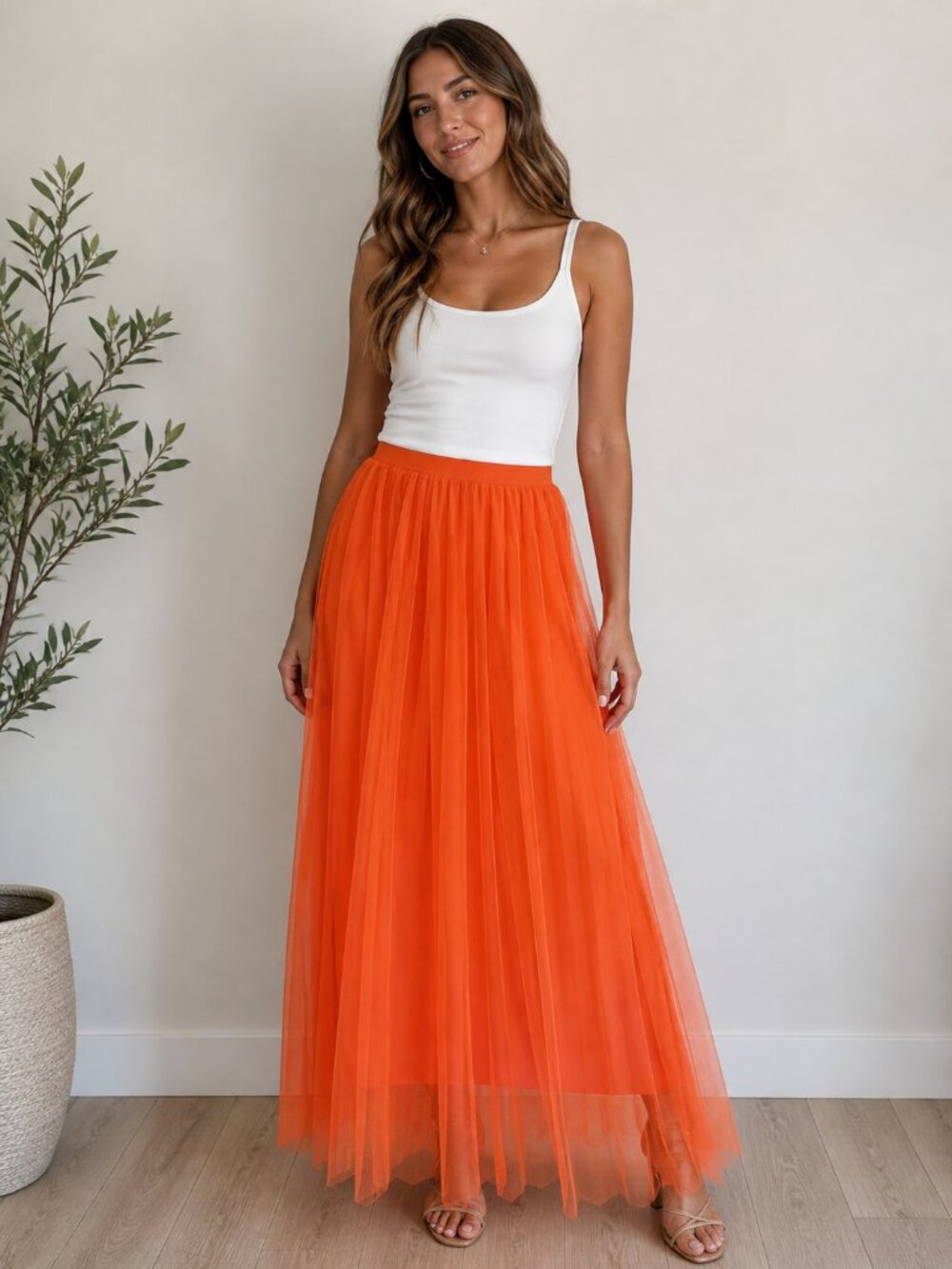 SHEIN Neon Solid Wide Waist Elastic Waist Pull On Tulle Pleated Mesh Maxi Skirt